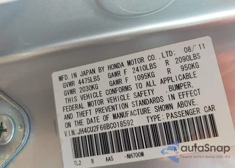 2011 Acura Tsx 2.4 из США, поврежденный, VIN JH4CU2F66BC018592